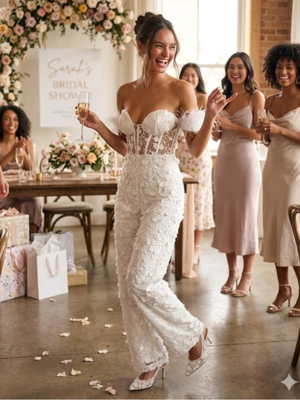 New Lulus White Feather-Trim Bridal Jumpsuit - Elegant Wedding Sz Small - Picture 5 of 12